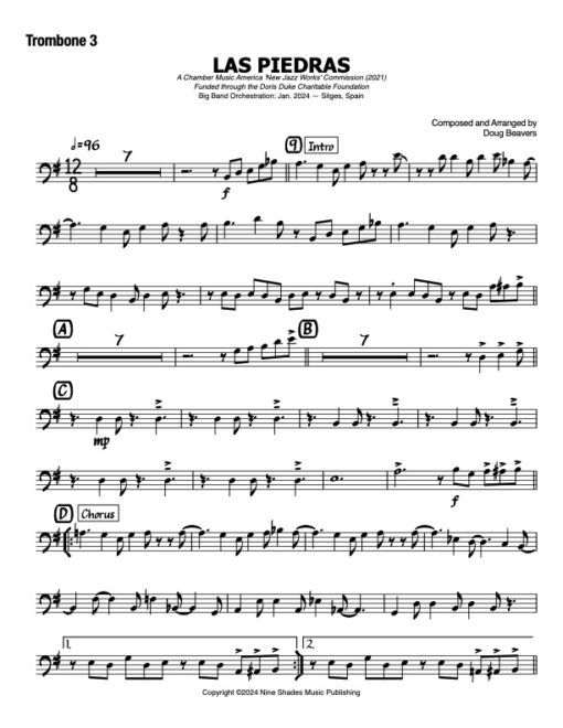 Las Piedras trombone 3 (Download) Latin jazz printed sheet music www.3-2music.com composer and arranger Doug Beavers big band 4-4-5 instrumentation