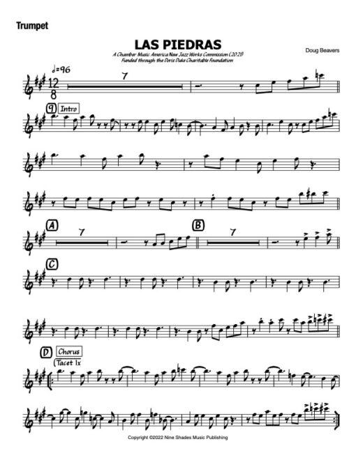 Las Piedras V.2 trumpet (Download) Latin jazz printed sheet music www.3-2music.com composer and arranger Doug Beavers big band 4-4-5 instrumentation