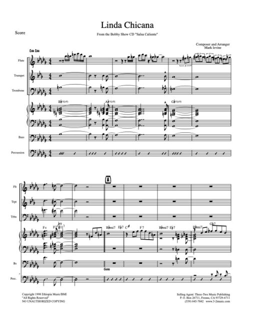 Linda Chicana V.1 score (Download) Latin jazz printed sheet music www.3-2music.com composer and arranger Mark Levine combo (septet) instrumentation
