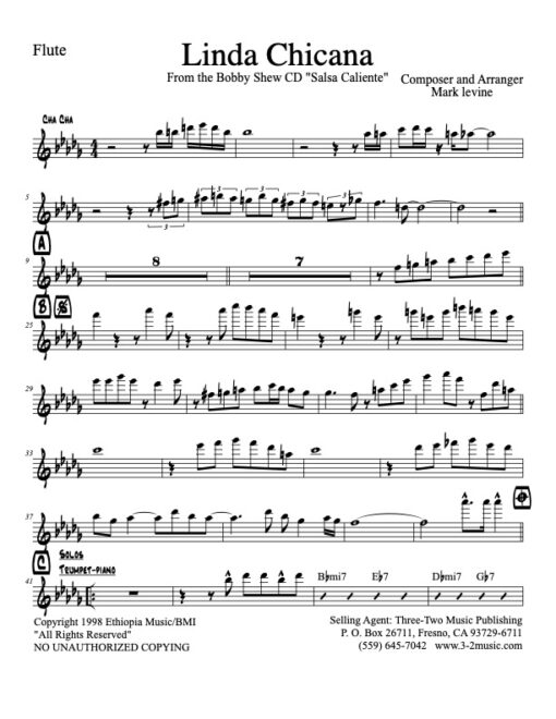 Linda Chicana V.1 flute (Download) Latin jazz printed sheet music www.3-2music.com composer and arranger Mark Levine combo (septet) instrumentation