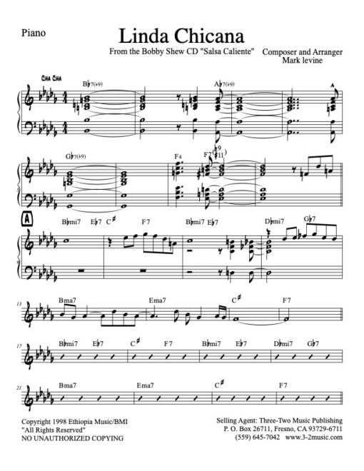 Linda Chicana V.1 piano (Download) Latin jazz printed sheet music www.3-2music.com composer and arranger Mark Levine combo (septet) instrumentation