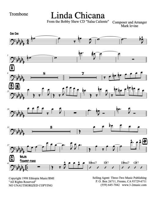 Linda Chicana V.1 trombone (Download) Latin jazz printed sheet music www.3-2music.com composer and arranger Mark Levine combo (septet) instrumentation