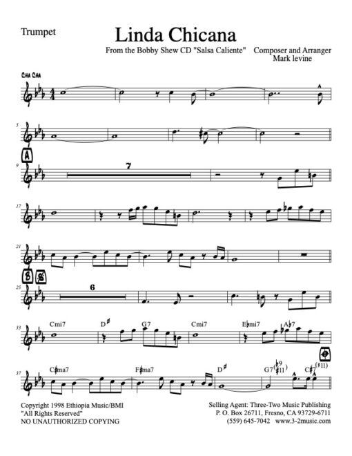 Linda Chicana V.1 trumpet (Download) Latin jazz printed sheet music www.3-2music.com composer and arranger Mark Levine combo (septet) instrumentation