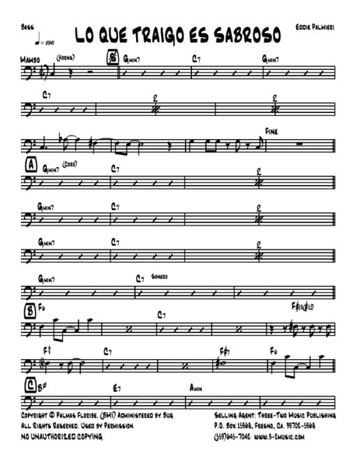Lo Que Traigo Es Sabroso bass (Download) Salsa printed sheet music composer and arranger Eddie Palmieri little big band instrumentation