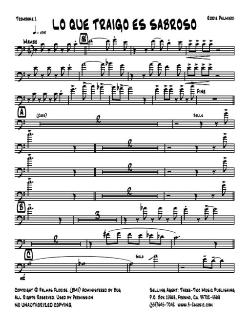 Lo Que Traigo Es Sabroso trombone 1 Salsa printed sheet music composer and arranger Eddie Palmieri little big band instrumentation