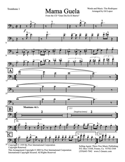 Mama Guela trombone 1 (Download) Latin jazz printed sheet music www.3-2music.com  salsa sheet music www.3-2music.com Spanish Harlem Orchestra nonet