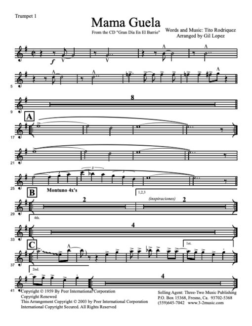 Mama Guela trumpet 1 (Download) Latin jazz printed sheet music www.3-2music.com   salsa sheet music www.3-2music.com Spanish Harlem Orchestra nonet