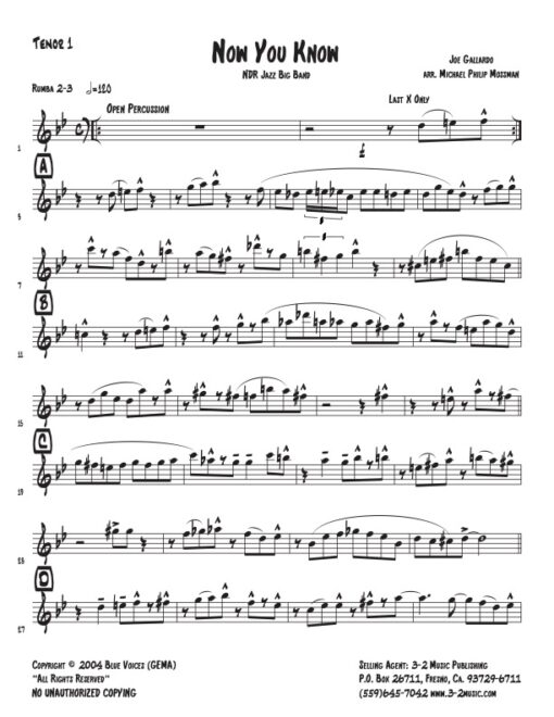 Now You Know tenor 1 (Download) www.3-2music.com Latin jazz printed sheet music composer and arranger Joe Gallardo big band 4-4-5 instrumentation