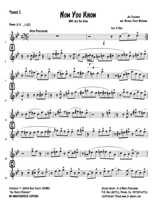 Now You Know tenor 2 (Download) www.3-2music.com Latin jazz printed sheet music composer and arranger Joe Gallardo big band 4-4-5 instrumentation