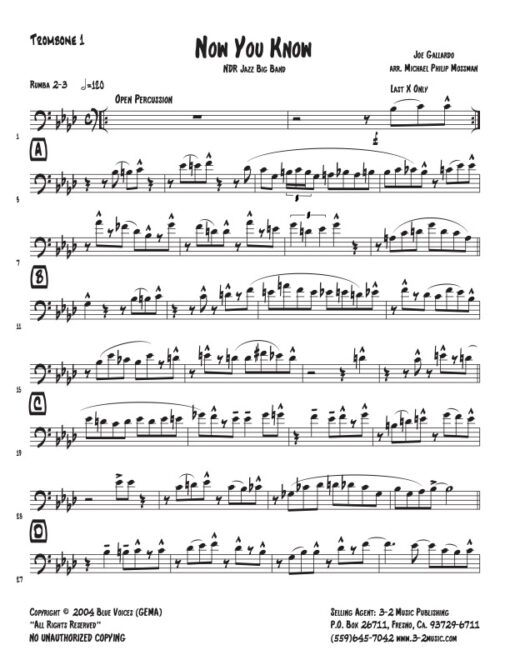 Now You Know trombone 1 (Download) www.3-2music.com Latin jazz printed sheet music composer and arranger Joe Gallardo big band 4-4-5 instrumentation