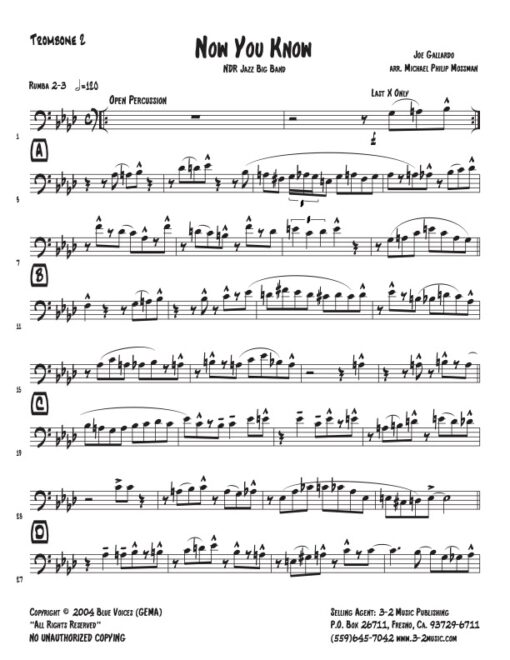 Now You Know trombone 2 (Download) www.3-2music.com Latin jazz printed sheet music composer and arranger Joe Gallardo big band 4-4-5 instrumentation