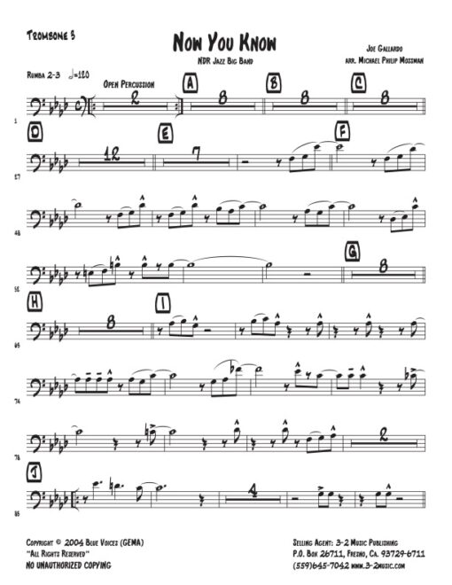 Now You Know trombone 3 (Download) www.3-2music.com Latin jazz printed sheet music composer and arranger Joe Gallardo big band 4-4-5 instrumentation