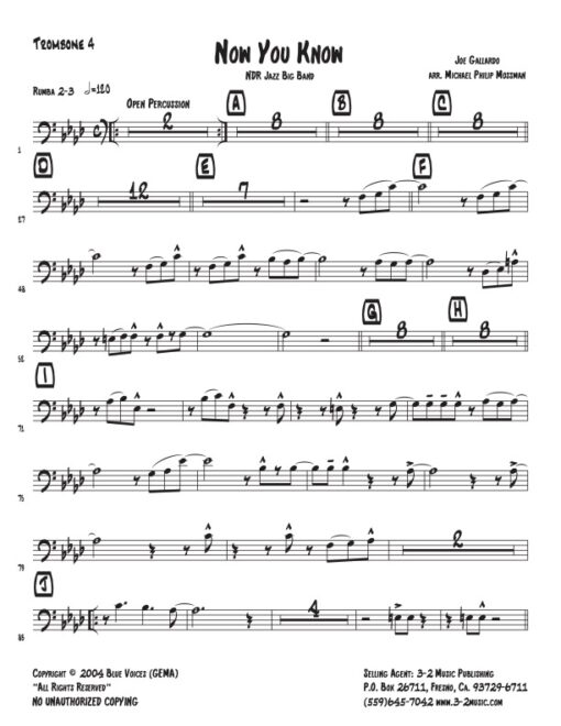 Now You Know trombone 4 (Download) www.3-2music.com Latin jazz printed sheet music composer and arranger Joe Gallardo big band 4-4-5 instrumentation