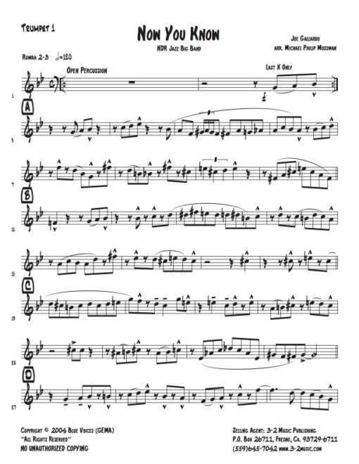 Now You Know trumpet 1 (Download) www.3-2music.com Latin jazz printed sheet music composer and arranger Joe Gallardo big band 4-4-5 instrumentation