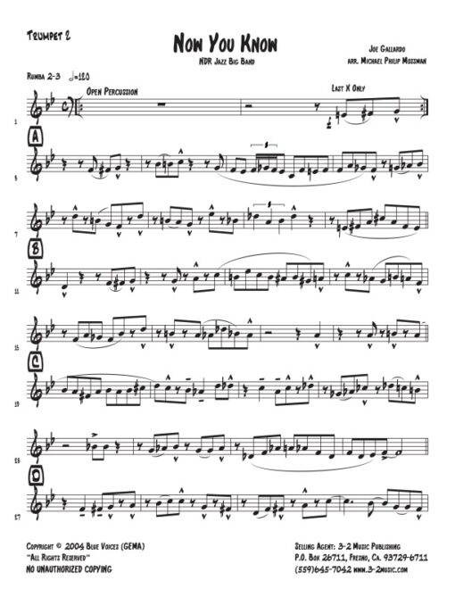 Now You Know trumpet 2 (Download) www.3-2music.com Latin jazz printed sheet music composer and arranger Joe Gallardo big band 4-4-5 instrumentation