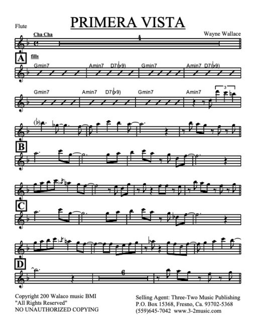 Primera Vista V.1 flute (Download) Latin jazz printed sheet music www.3-2music.com composer Wayne Wallace little big band instrumentation