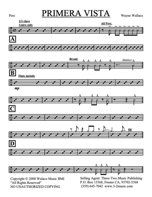 Primera Vista V.1 percussion (Download) Latin jazz printed sheet music www.3-2music.com composer Wayne Wallace little big band instrumentation