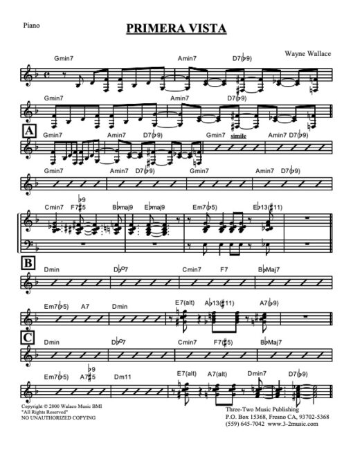 Primera Vista V.1 piano (Download) Latin jazz printed sheet music www.3-2music.com composer Wayne Wallace little big band instrumentation