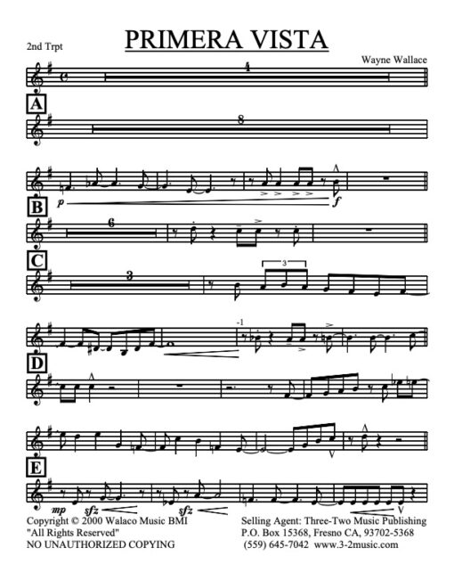 Primera Vista V.1 trumpet 2 (Download) Latin jazz printed sheet music www.3-2music.com composer Wayne Wallace little big band instrumentation