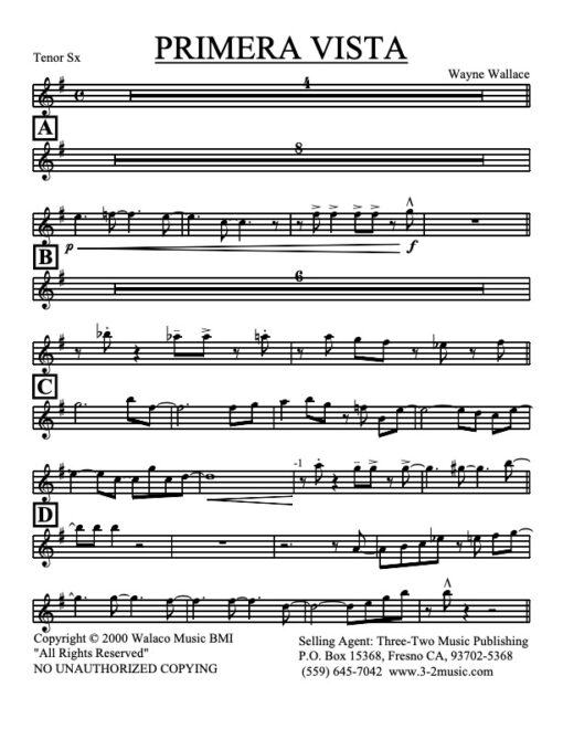 Primera Vista V.1 tenor (Download) Latin jazz printed sheet music www.3-2music.com composer Wayne Wallace little big band instrumentation