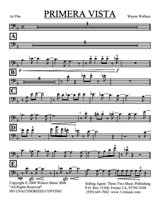 Primera Vista V.1 trombone 1 (Download) Latin jazz printed sheet music www.3-2music.com composer Wayne Wallace little big band instrumentation