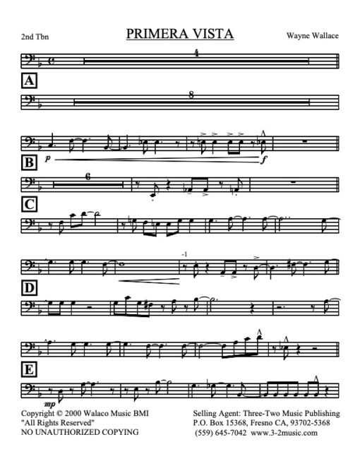 Primera Vista V.1 trombone 2 (Download) Latin jazz printed sheet music www.3-2music.com composer Wayne Wallace little big band instrumentation