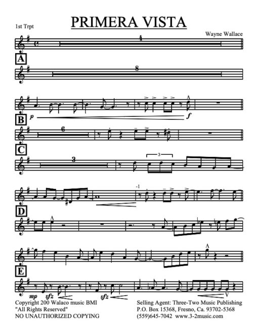 Primera Vista V.1 trumpet 1 (Download) Latin jazz printed sheet music www.3-2music.com composer Wayne Wallace little big band instrumentation