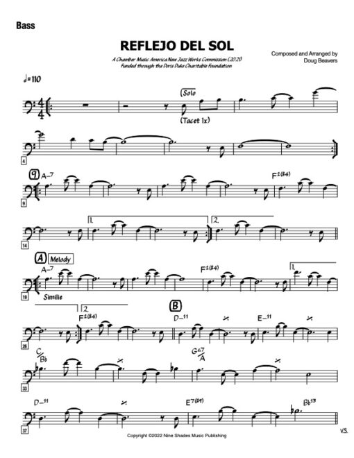 Reflejo Del Sol V.2 bass (Download) Latin jazz printed sheet music www.3-2music.com composer and arranger Doug Beavers big band 4-4-5 instrumentation