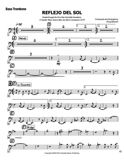 Reflejo Del Sol V.2 bass trombone (Download) Latin jazz printed sheet music www.3-2music.com composer and arranger Doug Beavers big band 4-4-5 instrumentation