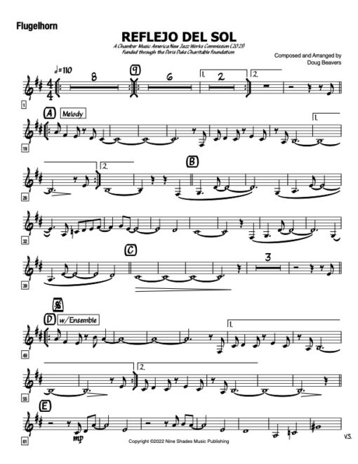 Reflejo Del Sol V.2 flugelhorn (Download) Latin jazz printed sheet music www.3-2music.com composer and arranger Doug Beavers big band 4-4-5 instrumentation