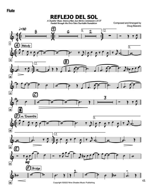 Reflejo Del Sol V.2 flute (Download) Latin jazz printed sheet music www.3-2music.com composer and arranger Doug Beavers big band 4-4-5 instrumentation