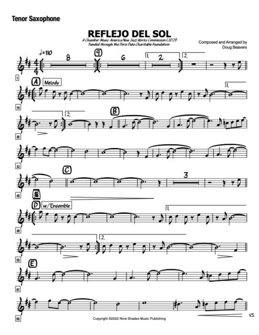 Reflejo Del Sol V.2 tenor (Download) Latin jazz printed sheet music www.3-2music.com composer and arranger Doug Beavers big band 4-4-5 instrumentation
