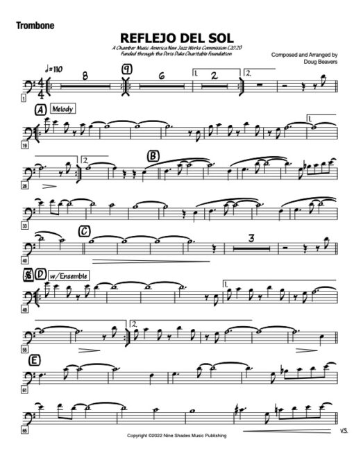 Reflejo Del Sol V.2 trombone (Download) Latin jazz printed sheet music www.3-2music.com composer and arranger Doug Beavers big band 4-4-5 instrumentation