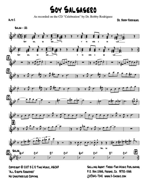 Soy Salsasero alto 2 (Download) Latin Jazz sheet music www.3-2music.com composer Bobby Rodriguez little big band alto tenor bari trumpet 1-2 bone rhythm
