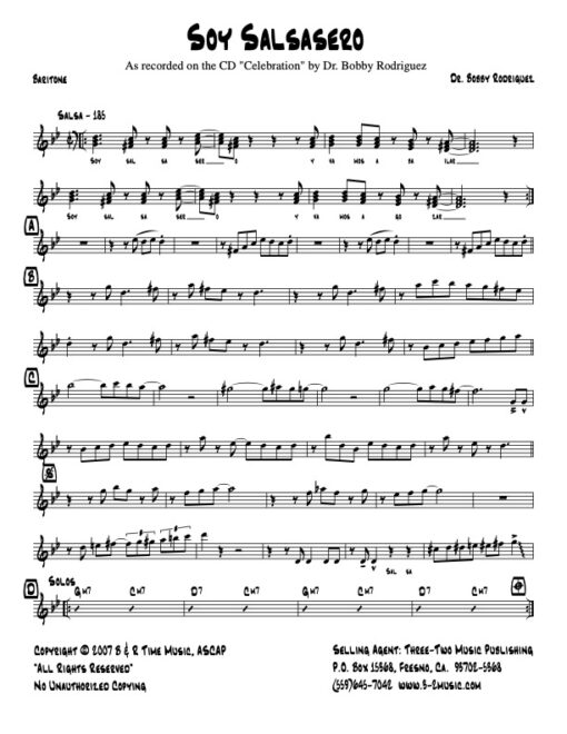 Soy Salsasero baritone (Download) Latin Jazz sheet music www.3-2music.com composer Bobby Rodriguez little big band alto tenor bari trumpet 1-2 bone rhythm