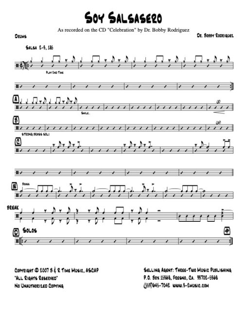 Soy Salsasero percussion (Download) Latin Jazz sheet music www.3-2music.com composer Bobby Rodriguez little big band alto tenor bari trumpet 1-2 bone rhythm