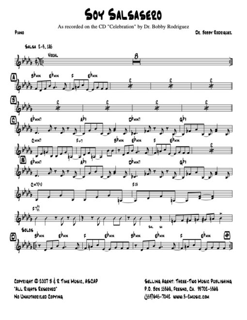 Soy Salsasero piano (Download) Latin Jazz sheet music www.3-2music.com composer Bobby Rodriguez little big band alto tenor bari trumpet 1-2 bone rhythm
