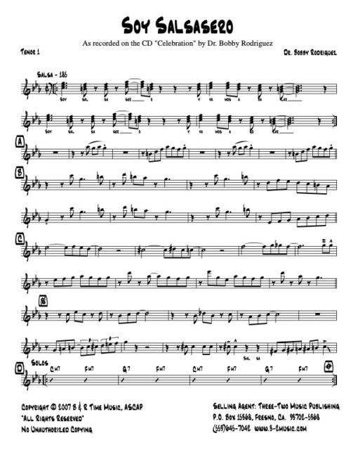 Soy Salsasero tenor 1 (Download) Latin Jazz sheet music www.3-2music.com composer Bobby Rodriguez little big band alto tenor bari trumpet 1-2 bone rhythm