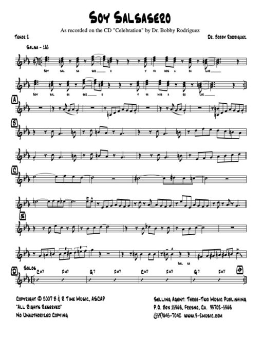Soy Salsasero tenor 2 (Download) Latin Jazz sheet music www.3-2music.com composer Bobby Rodriguez little big band alto tenor bari trumpet 1-2 bone rhythm