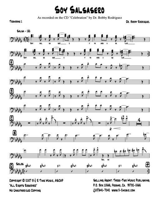 Soy Salsasero trombone 1 (Download) Latin Jazz sheet music www.3-2music.com composer Bobby Rodriguez little big band alto tenor bari trumpet 1-2 bone rhythm