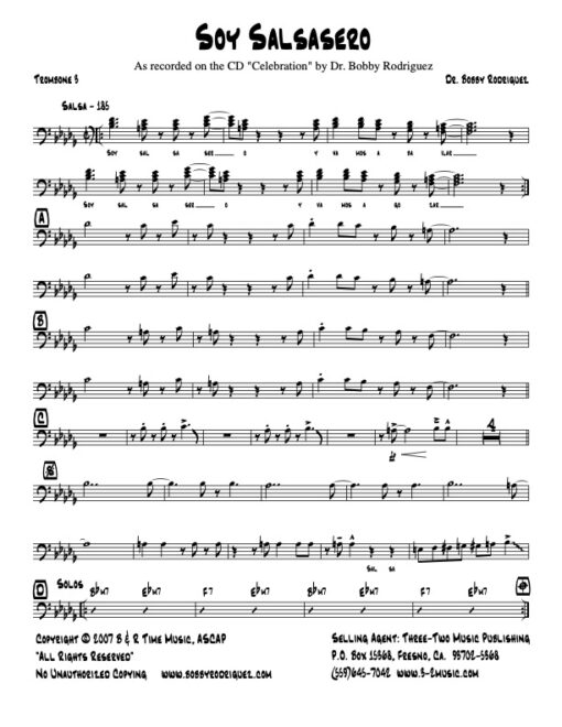 Soy Salsasero trombone 3 (Download) Latin Jazz sheet music www.3-2music.com composer Bobby Rodriguez little big band alto tenor bari trumpet 1-2 bone rhythm