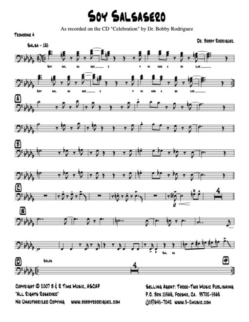 Soy Salsasero trombone 4 (Download) Latin Jazz sheet music www.3-2music.com composer Bobby Rodriguez little big band alto tenor bari trumpet 1-2 bone rhythm