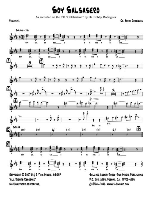 Soy Salsasero trumpet 1 (Download) Latin Jazz sheet music www.3-2music.com composer Bobby Rodriguez little big band alto tenor bari trumpet 1-2 bone rhythm