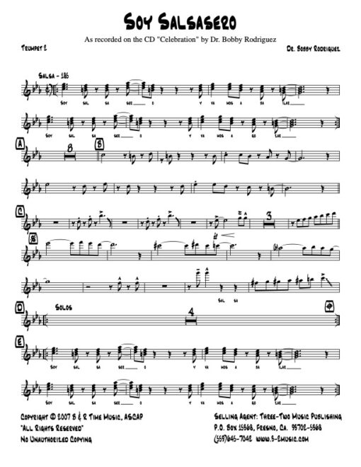 Soy Salsasero trumpet 2 (Download) Latin Jazz sheet music www.3-2music.com composer Bobby Rodriguez little big band alto tenor bari trumpet 1-2 bone rhythm