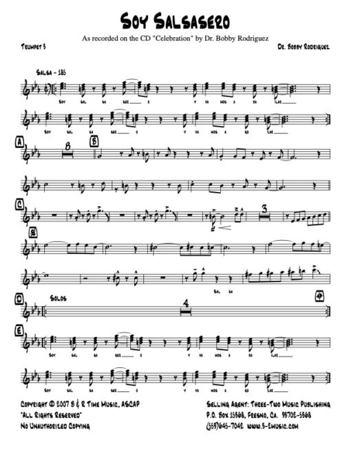 Soy Salsasero trumpet 3 (Download) Latin Jazz sheet music www.3-2music.com composer Bobby Rodriguez little big band alto tenor bari trumpet 1-2 bone rhythm