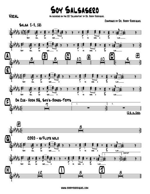 Soy Salsasero vocal (Download) Latin Jazz sheet music www.3-2music.com composer Bobby Rodriguez little big band alto tenor bari trumpet 1-2 bone rhythm