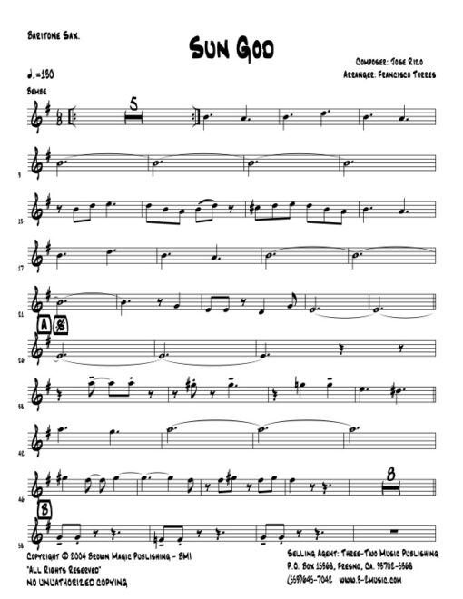 Sun God baritone (Download) Latin jazz printed sheet music www.3-2music.com composer and arranger Jose Rizo little big band instrumentation