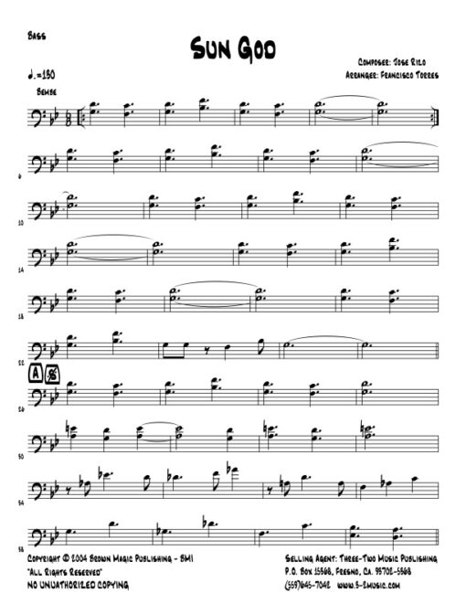 Sun God bass (Download) Latin jazz printed sheet music www.3-2music.com composer and arranger Jose Rizo little big band instrumentation