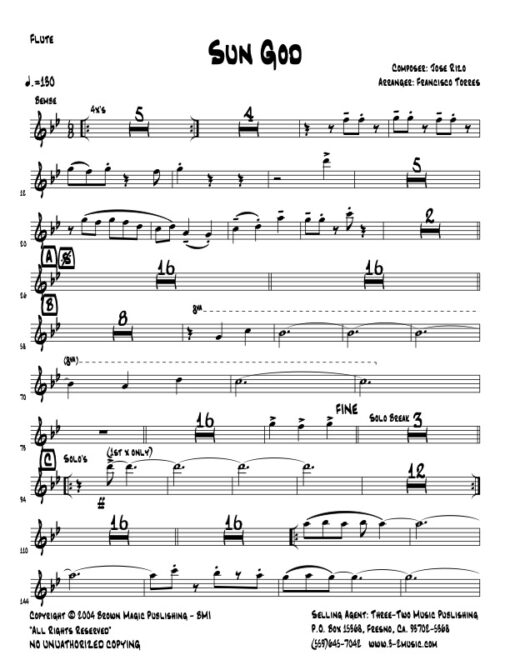 Sun God flute (Download) Latin jazz printed sheet music www.3-2music.com composer and arranger Jose Rizo little big band instrumentation