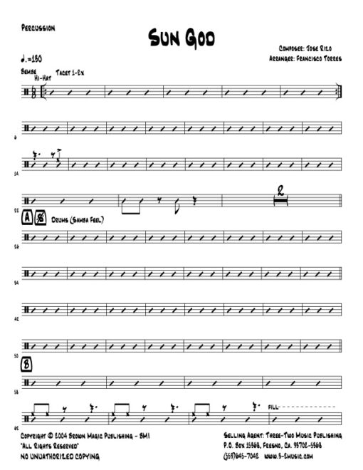 Sun God percussion (Download) Latin jazz printed sheet music www.3-2music.com composer and arranger Jose Rizo little big band instrumentation